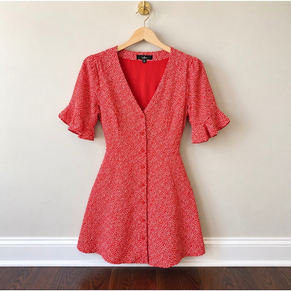 Lulus Red White Patterned Button Front V-Neck Ruffle Sleeve Mini Dress XS